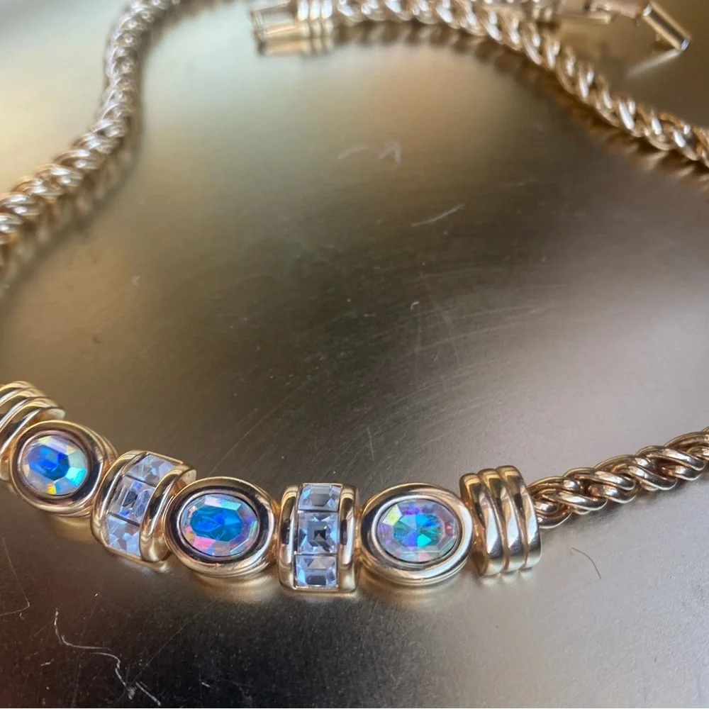 VERY RARE SWAROVSKI vintage Aurora Borealis gold tone statement necklace